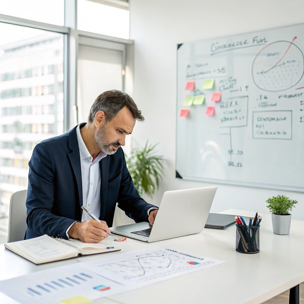 Consultant reviewing corporate strategy documents in a modern office