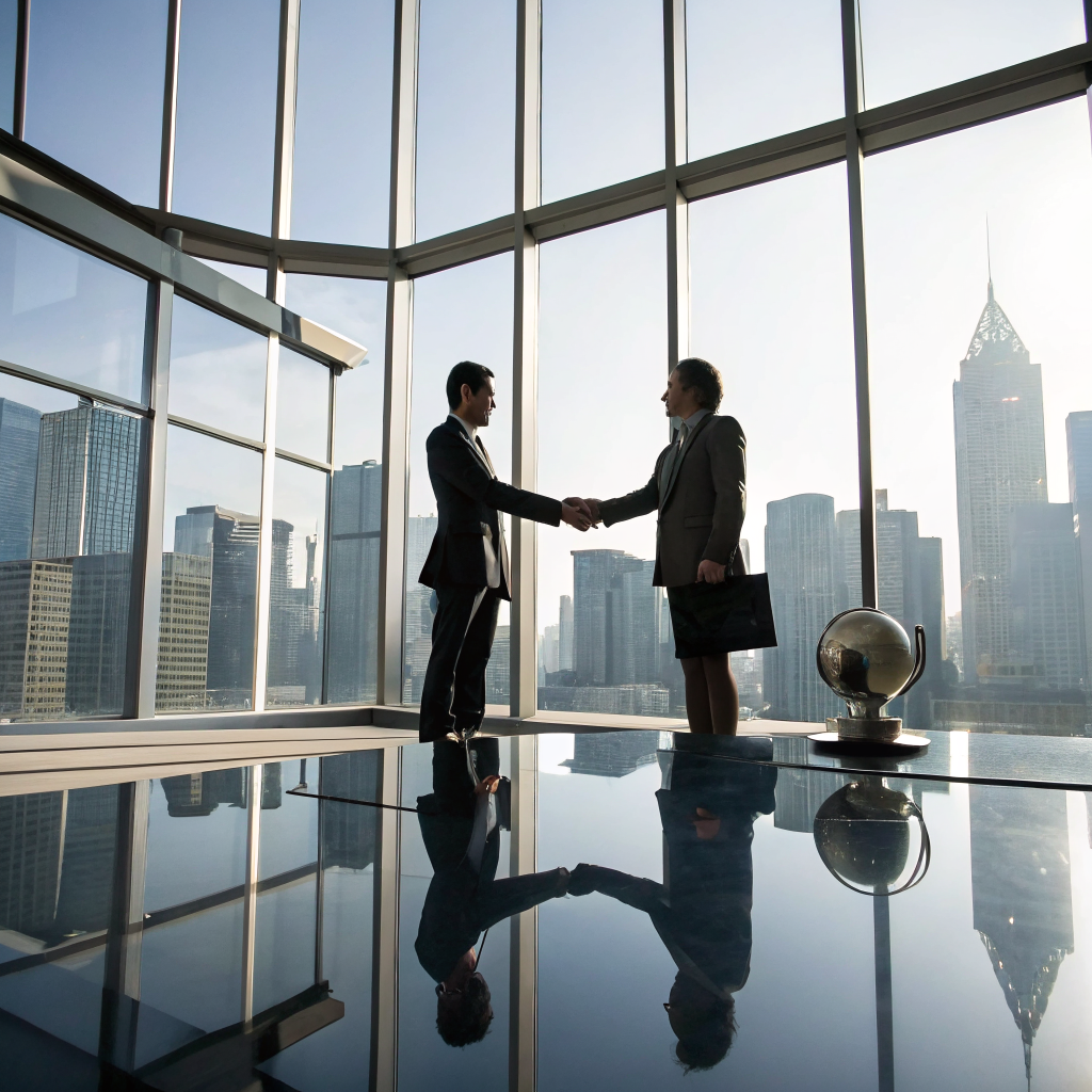 Handshake between two professionals in a corporate environment